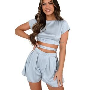 Mable – Juno Tied Detail Top and Shorts Set – Blue – S